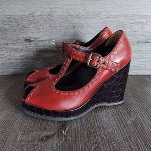 Red Linea Paolo Wedge Peep Toe Mary Janes Size 8
